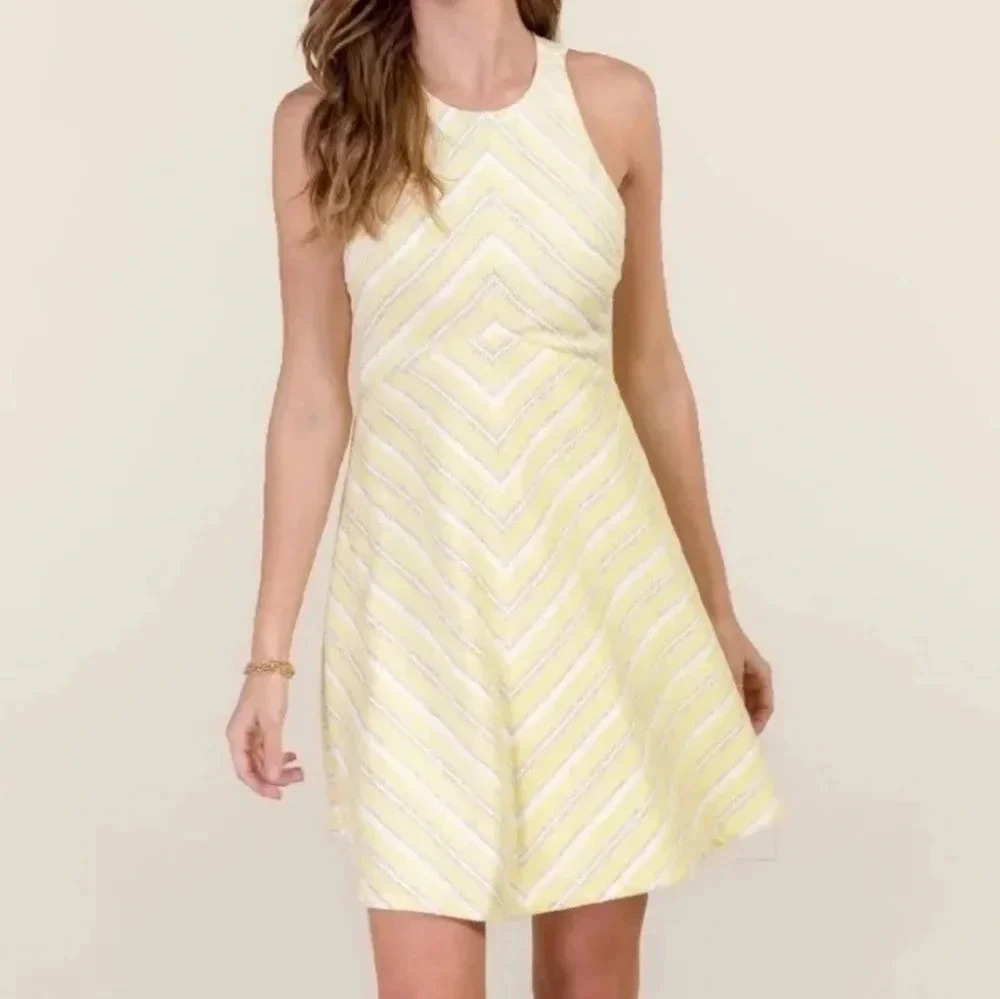Miami Yellow White Stripe Textured Sleeveless‎ Mini Dress Size S
